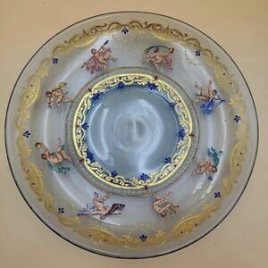 Antique Venetian Salviati Blue Enamel Mythology Plate Glass Hand Painted